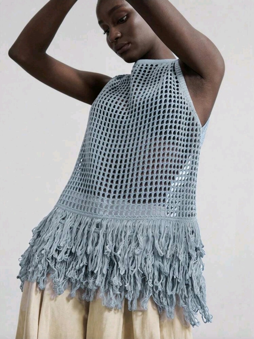 ✨ Ontre Boho Tassel Crochet Sweater Top Blue L ✨